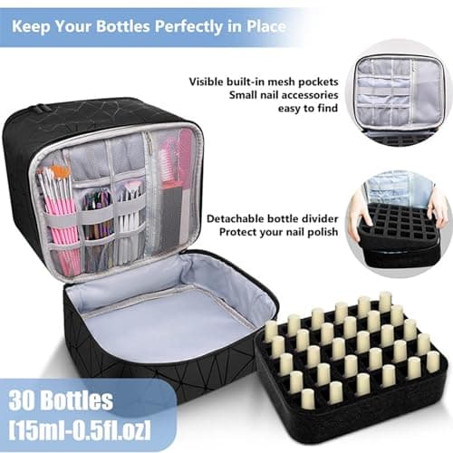 BYLife Black Large Makeup Bag, Nail Polish Organiser - Holds 30 Bottles Double-Layer Travel Storage Bags Waterproof PU Cosmetic Bag with Adjustable Dividers for Manicure Tools Storage — view 3