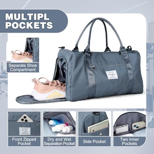 WEPLAN Gym Bag Womens Men Sports Fitness Bags Weekend Overnight Bag Travel Duffle Bags for Women with Shoes Compartment Wet Pocket,Holdall Hospital for Swimming Carry on Hand Luggag,A13-Gray Blue — view 4