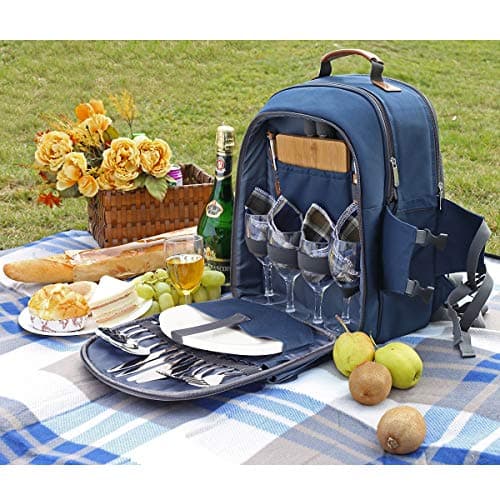 Sunflora 4 Person Insulated Picnic Backpack Rucksack with Blanket & Stainless Steel Tableware for Camping Picnic Hiking and BBQ (Navy Blue) — view 2