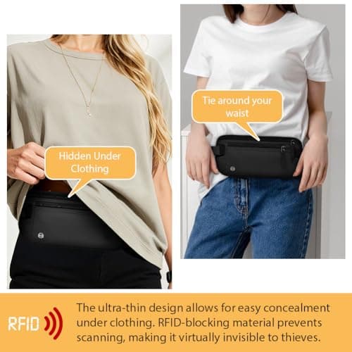 DiULi RFID Blocking Money Belt for Travel, Hidden Bum Bag with Adjustable Elastic Waist Strap, Secure Passport Pouch with 5 Free Card Sleeves, Anti-Pickpocket Protection for Cash & Phone Black — view 5