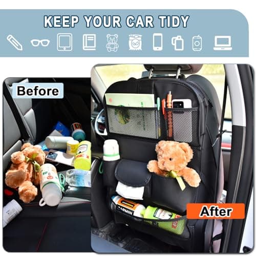 VEHIRIE Car Back Seat Organiser with Foldable Table Tray – Premium Leather Kick Mat for Kids, Multifunctional Travel Tray with Toy Pockets, Seat Back Protector & Tablet Holder – Black — view 6