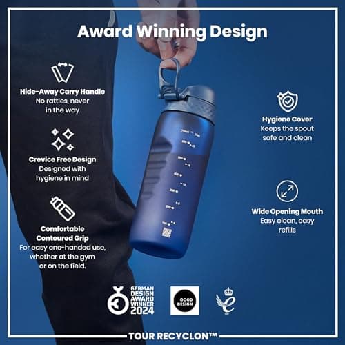 ION8 Sports Water Bottle, 750 ml/24 oz, Leak Proof, Easy to Open, Secure Lock, Dishwasher Safe, BPA Free, Flip Cover, Carry Handle, Soft Touch Contoured Grip, Easy Clean, Odour Free, Navy — view 6