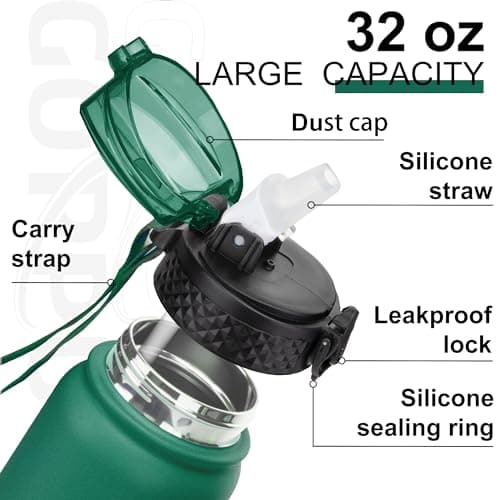 GOPPUS 1L/32oz Stainless Water Bottle with Straw Double Wall Insulated Bottles with Strap Reusable Vacuum Thermal Flask Leakproof Keep Cold Drinks Bottles with Flip Top Lid BPA Free (Green Black) — view 3