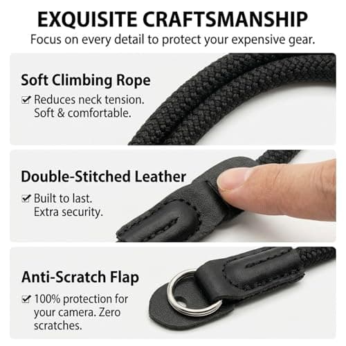 Dazvyn Professional Camera Strap, 100cm Heavy Duty Rope Camera Neck Strap for DSLR, Mirrorless & Micro Single, High Strength Nylon Rope with Premium Leather, Retro Style (Black) — view 5