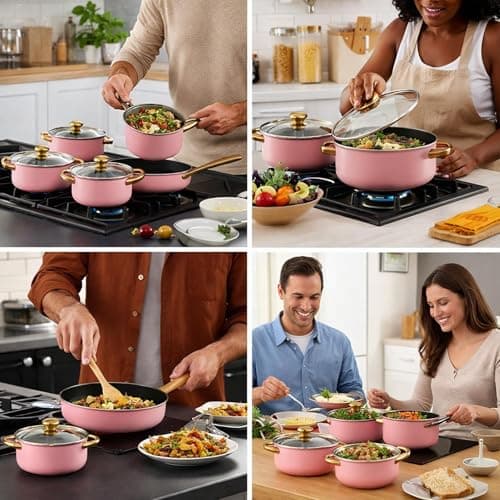 Ronyme 6 Pieces Stainless Steel Cookware Set with Glass Lids Soup Pot Ergonomic Handle Kitchen Cooking Set for Professional Chef, Pink — view 5