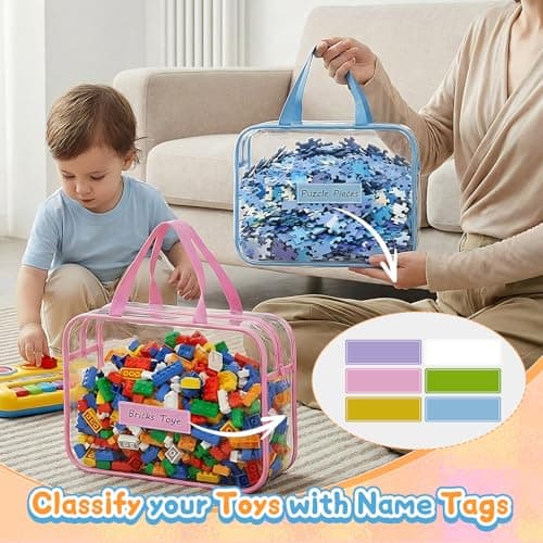 6 Pack Clear Toy Storage Bags with Handles Name Tag zip PVC Waterproof 11.8x8.6x3.9 Inch Organizer Bags for Building Blocks Puzzles Board Games Toy Organiser Bags for Toys (6 Colors) — view 4