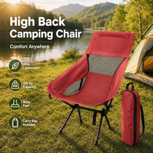 HomlyPro High Back Camping Chair with Wide Feet & Carry Bag, Pack of 1 - Ultra Lightweight & Compact Foldable Chair for Adults, Ideal for Beach, Garden, Picnic, Fishing & Travel (Red) — view 3
