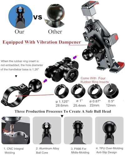 BRCOVAN Aluminum Alloy Motorcycle Phone Mount with Vibration Dampener & High-Speed Secure Lock, Anti-Theft Handlebar Smartphone Holder for Bike, Scooter, ATV, 4.7-7.2'' — view 4