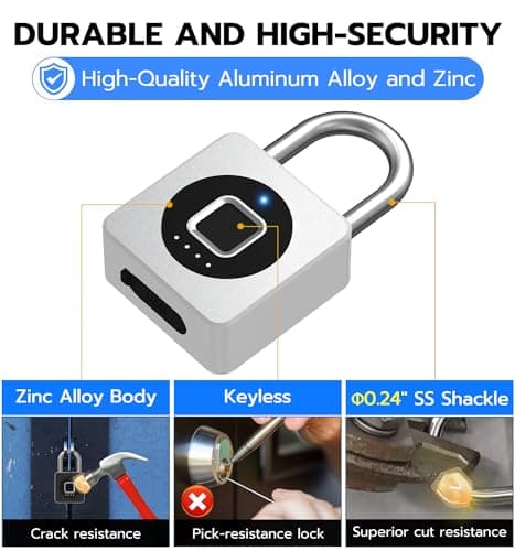 eLinkSmart Fingerprint Gym Locker Lock, Keyless Biometric Padlock, Weatherproof Electronic Digital Smart Combo Pad Lock for Outdoor Fence Gate Storage Fridge Helmet Ski Pool Shed (Silver, with Cable) — view 5