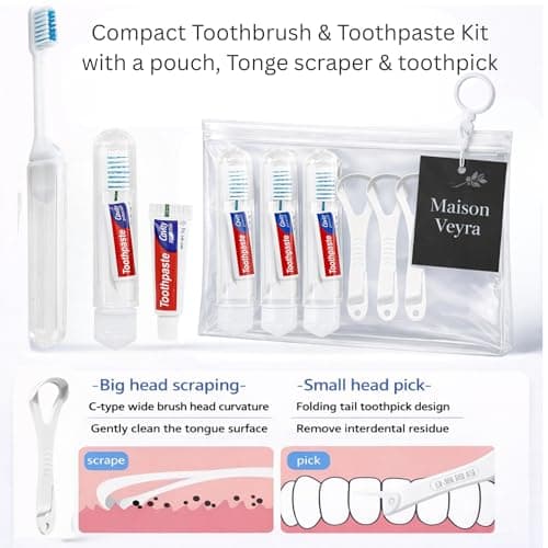 Travel Size Oral Kit - Includes Travel Kit Toothpaste and Toothbrush Small, Disposable Tounge Scrapers with Toothpicks and Pouch - Set of 3 - Portable Dental Hygiene Set for Flights, Camping, Gym — view 2