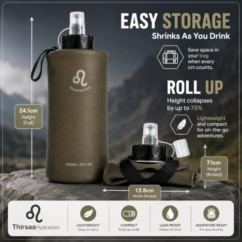 Thirsaa Collapsible 1L Soft Flask Water Bottle, BPA FREE Hydration Bottle with Roll Up Design for Running, Hiking, Cycling or Travelling (2, Blue&Charcoal) — view 4