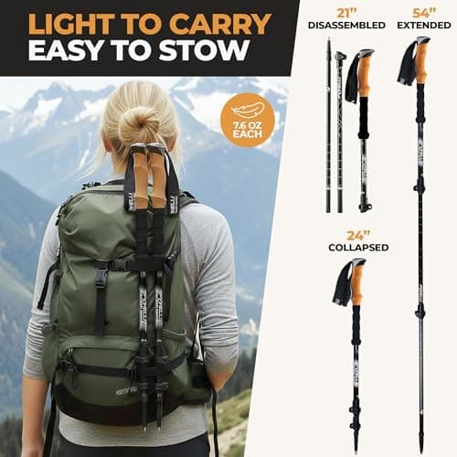Foxelli Carbon Fiber Walking Poles – Lightweight Collapsible Hiking Poles with Cork Grips, Quick Flip Locks & All-Terrain Accessories – Adjustable Height Hiking Sticks for Men & Women — view 2