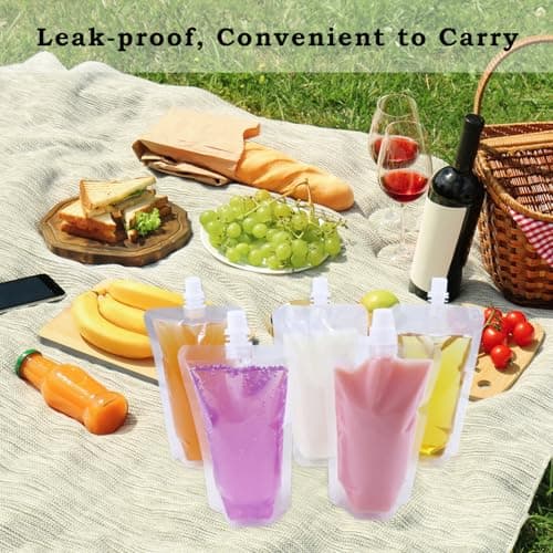 Yelinosk 20Pack Clear Drink Pouches 380ml with caps and Funnel for Festivals,Leak Proof Alcohol Juice Liquid Pouches Bags, Beverage Bags, Plastic Hip Flask for Parties, Picnic, Travel, Sports — view 6