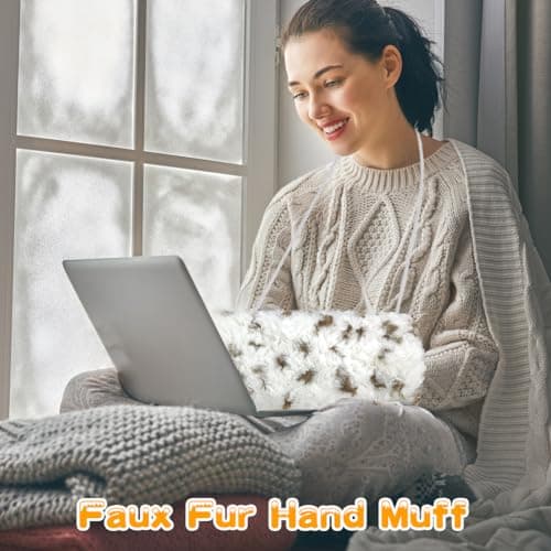 SwirlColor Faux Fur Hand Muff, Soft Hand Muff with Strap Pocket Convenient Hand Warmer Muff for Women Men, with Transparent Hook - White with Spots — view 2