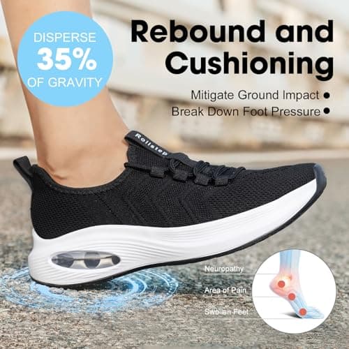 Rollstep Wide Toe Box Shoes Women Extra Wide Width Sneakers Air Cushion Road Running Shoes Ultra Light Tennis Gym Workout Training Shoes Breathable Walking Shoes with Arch Support, Black, 7.5 Wide — view 4
