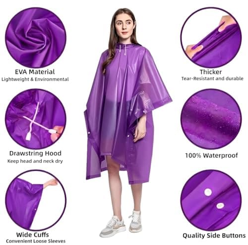 JITIFAZH Rain Poncho for Adults, 2‑Pack Reusable Waterproof Cape with Hood — view 3