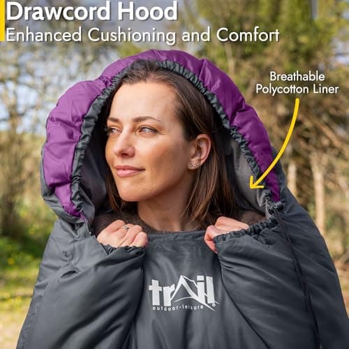 Trail Alpine 250 XL Sleeping Bag with Hood (L230cm x W100cm), Large Extra Wide Envelope Sleeping Bag, 2 to 3 Season Camping, Lightweight, Water Resistant, Polycotton Liner, Compression Bag (Purple) — view 4