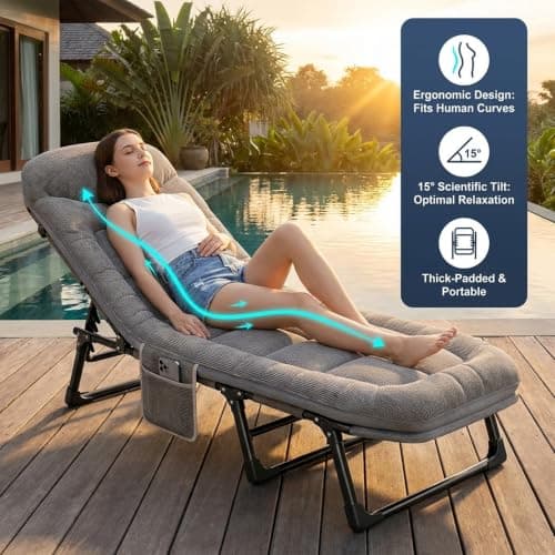 Folding Camp Bed with Mattress, 6-Position Adjustable Guest Bed, Grey — view 5