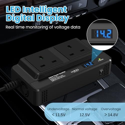 200W Car Voltage Converter Inverter with 2 Sockets and 4 USB Ports Fast Charging Car Charger DC 12V to AC 230V with Cigarette Lighter Plug for Business Trips and Vacation — view 6