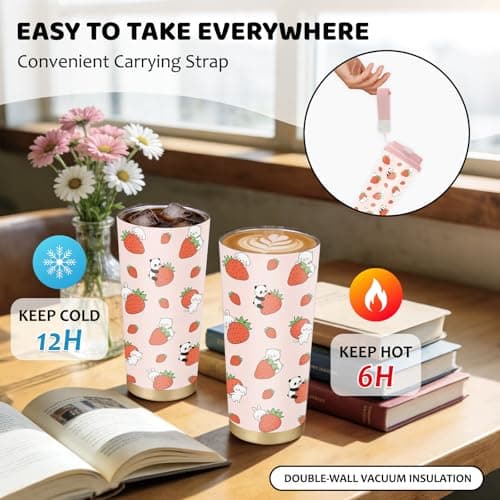 NEIUJADK Strawberry Stainless Steel 2-in-1 Lid Coffee Tumbler 18 oz Cute Strawberries Print Insulated Travel Coffee Mug Strawberry Themed Gifts for Women Girls Birthday Christmas — view 5
