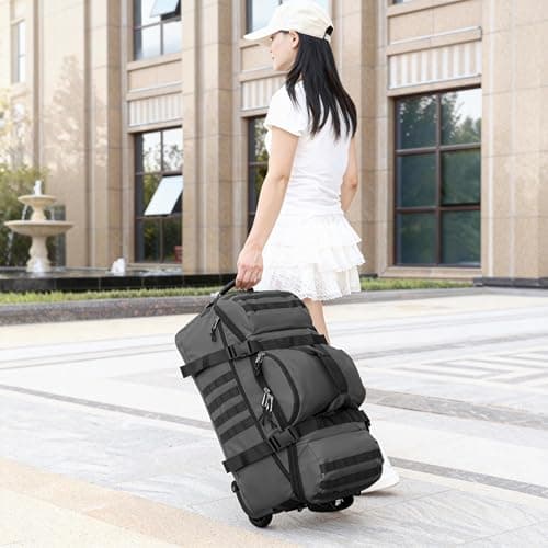 70L Wheeled Duffel Backpack Rolling Travel Bag Water Resistant Holdall with Hidden Straps Heavy Duty Foldable Sports Duffel Bag for Overnight Camping Beach Business Trip Storage (Black) — view 5