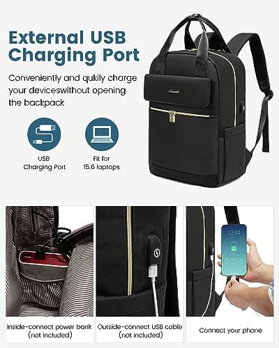 LOVEVOOK Laptop Backpack for Women, 15.6 Inch Fashion Rucksack Bag for Womens, Lightweight School Bag Travel Backpack with USB Port, Casual Daypacks Back Pack for School College Work, Black — view 6