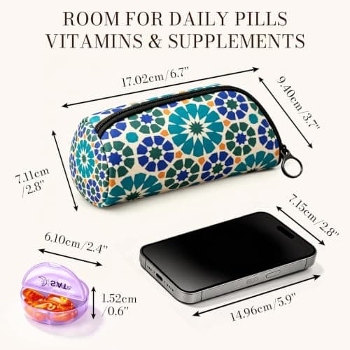 Portable Round Pill Box with Zipper Pouch, Navy Moroccan Travel Pill Organiser for Tablets, Vitamins, Capsules and Supplements, Compact Medicine Case — view 5