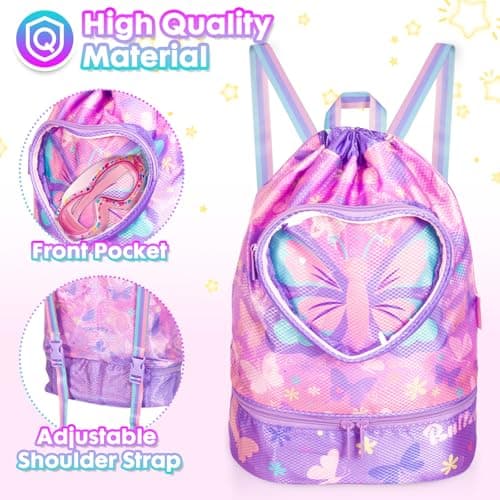 PinkSheep Swimming Bag for Kids, Gym Drawstring Backpack for Girls Boys - Waterproof Beach Bags with Shoes Compartment and Wet Proof Pocket for Swimming Pool Beach Travel School (Butterfly) — view 3