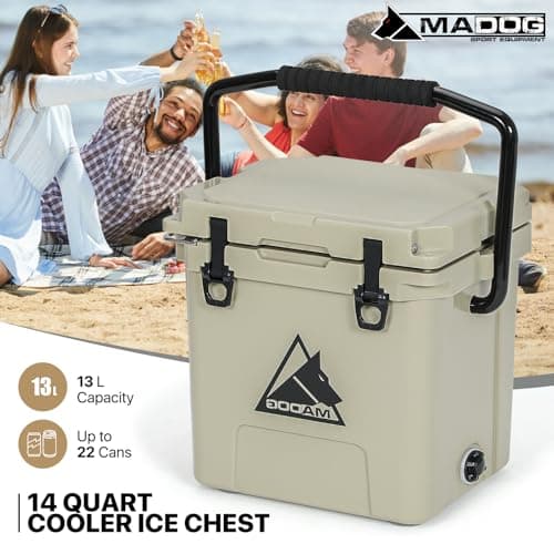 MADOG 14 Quart Small Portable Cooler, Leakproof LLDPE Beach Cooler Keeps 7 Days Ice Retention, for Fishing, Camping, Boating and Travel, Khaki — view 2