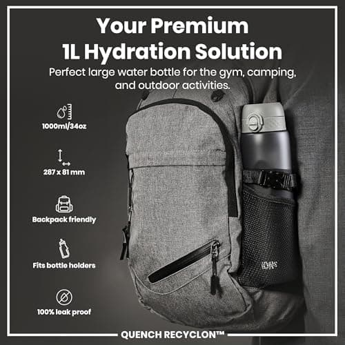 ION8 1 Litre Water Bottle, Leak Proof, Flip Lid, Carry Handle, Rapid Hydration, Dishwasher Safe, BPA Free, Contoured Grip, Ideal for Travel, Gym & Activity, Carbon Neutral Recyclon, 32 oz, Grey — view 2
