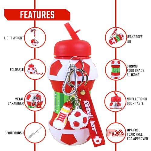 RIXOZ Red & White Football Collapsible Water Bottle - 550ml Silicone Bottle With Football, Footi Boot Keyring & Carry Strap — view 3