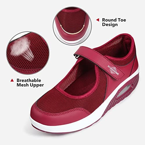 STUNAHOME Women Mary Jane Sneakers Breathable Mesh Air Cushion Comfortable Lightweight Casual Walking Shoes Maroon — view 3