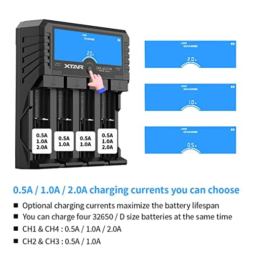 Rechargeable Battery Charger,XTAR Dragon VP4L PLUS 18650 charger for 3.6v 3.7v Li-ion/1.2V AA AAA Ni-MH batteries & 11.1v 3S battery packs, Professional 21700 charger Check Your Battery's Health — view 3