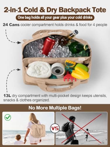 2 in 1 Insulated Dry-wet Separation Cooler Backpack Shoulder Bag 12-Hour Cold Retention, Large Leakproof Soft Cooler Bag, Waterproof Travel Cooler for Beach, Picnic, Camping for Women Khaki — view 2