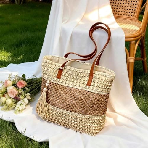 unisoul Straw Beach Bag for Women, Hand-Woven Summer Tote Bag with Zip, Lightweight Shoulder Handbag for Holidays, Travel & Daily Use, Off White — view 3