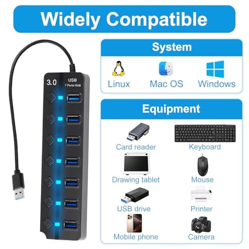 7 Port USB 3.0 Hub USB Extender with Individual Switches and Lights — view 6