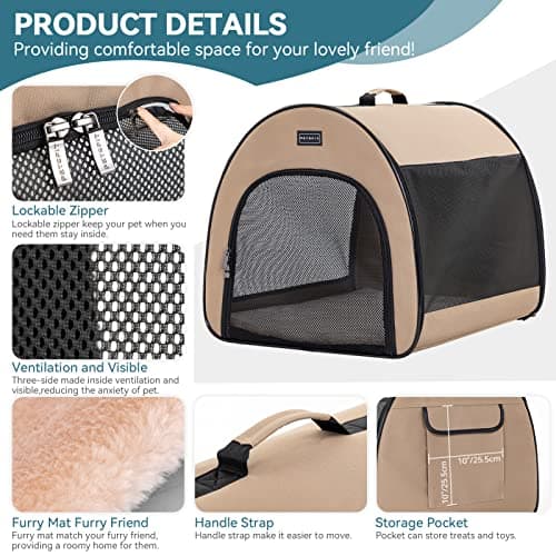 PETSFIT Soft Dog Crate, Cat Travel Carrier- 26.5 Inch Lightweight, Roomy, Easy to Set Up, Portable Pop Up Carrier with Thick Mat, Large Cat Carrier for 2 Cats，Sturdy Soft Sided Dog Crate, Khaki — view 3