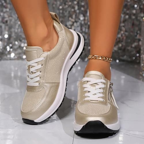 2026 Women's Trainers, Zip, Decoration, Leather, Lace-Up Shoes, Comfortable, Thick-Soled, Casual Shoes, Rose Gold, 6 UK — view 3