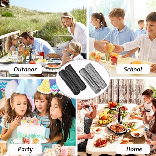 DIYJEP 2Pcs Plastic Reusable Cutlery Set Case, Portable (Black/Grey) — view 5