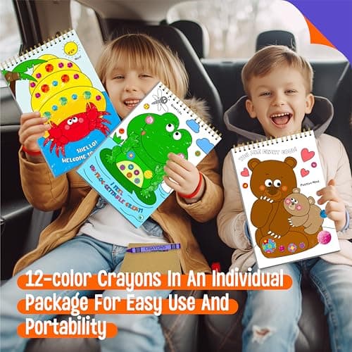 SpriteGru Road Trip Coloring Kit, 50 Coloring Pages with 940 Decorative Stickers & 12 Crayons, Mess-Free Travel Sticker Collage Activity DIY Dotty Animals Travel Art Craft Kit for Kids, Toddlers — view 5