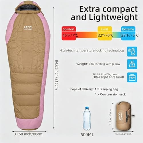 HLITMOUT Down Sleeping Bag with Pillow for Adults and Youth (Pink, Regular) — view 2