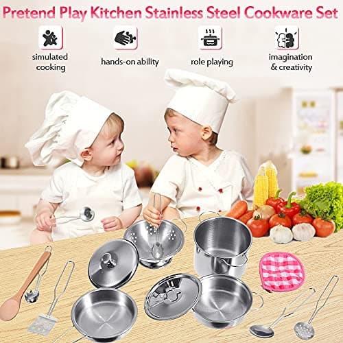 Stainless Steel Pretend Cooking Utensils Cookware Set,Mini Play Kitchen Accessories,Play Pots and Pans Toys Packed in a golden cloth bag for Kids Toddlers — view 4
