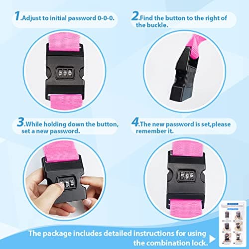 Luggage Strap, 2pcs Suitcase Straps with Password Lock Information Card, Adjustable Travel Packing Accessories Suitcase Belts with Buckle (Pink, 2 PCS Set) — view 5