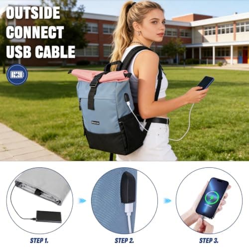 Sheonie Roll Top Backpack for Men Women, Expandable Laptop Backpack Fits 15.6 Inch with USB Charging Port, Large Water Resistant Rucksack School Bookbag for Travel Work Business Camping (Pink) — view 4