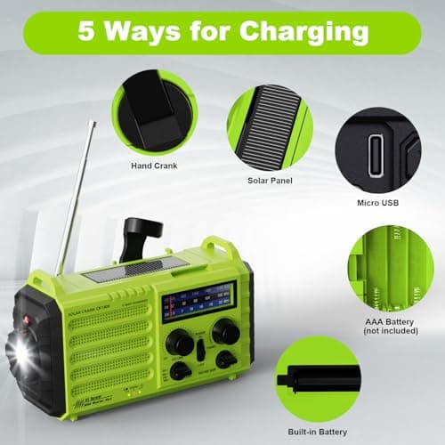 Solar Hand Crank Radio, 5-Way Powered AM/FM/SW Emergency Radio for Outdoor with 5000 mAh Capacity Battery, Portable Radio with USB Charger, LED Flashlight, Reading Lamp, SOS Alarm and Compass Green — view 2