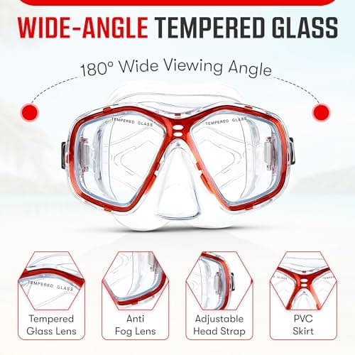 Two Bare Feet Snorkel, Mask and Fins/Flippers PVC Snorkelling Set (Adults) With Anti Fog and Wide View Mask, Anti-Leak, Tempered Glass - Scuba Dive Snorkelling Sets (L/XL (UK9-13), Red) — view 2