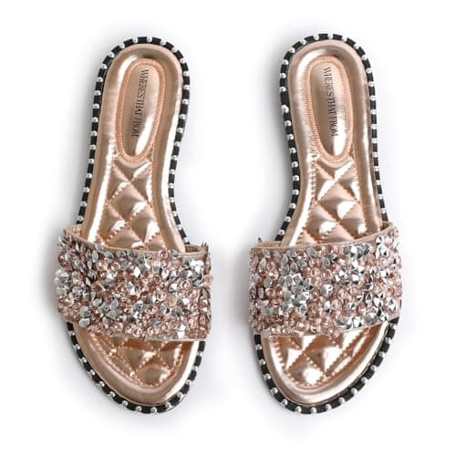 Fashion Thirsty Womens Ladies Flat Low Heel Diamante Sandals Slip On Party Wedding Bling Sliders Slides Beach Pool Holiday Travel Sandals — view 6