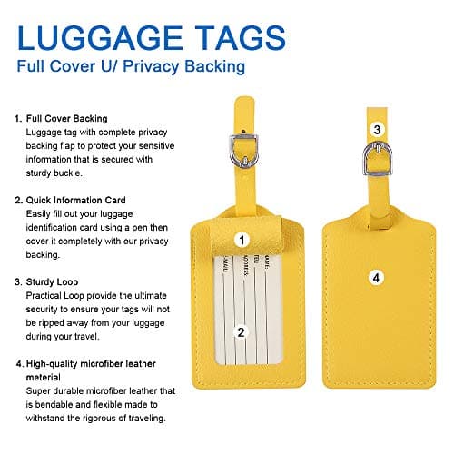 Luggage Tags, Microfiber Leather Personalized Suitcase Tag Set Luggage id Tags Labels Travel Accessories-Set of 4(Yellow) — view 4