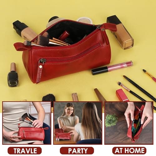 TheAntiq Leather Toiletry Bag Travel Dopp Kit for Men & Women Leather Makeup Organiser with Zipper Compartments Compact Travel Pouch 8x3.5x3.5 Inch (Red) — view 5