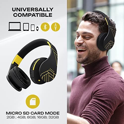 PowerLocus Bluetooth Over-Ear Headphones, Wireless Stereo Foldable Headphones Wireless and Wired Headsets with Built-in Mic, Micro SD/TF, FM for iPhone/Samsung/iPad/PC (Black/Yellow) — view 3